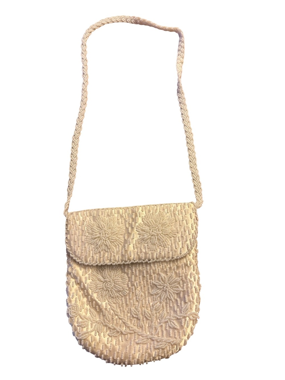 Vintage 1970's "Earnest" Ivory Satin Beaded Floral Crossbody Bag